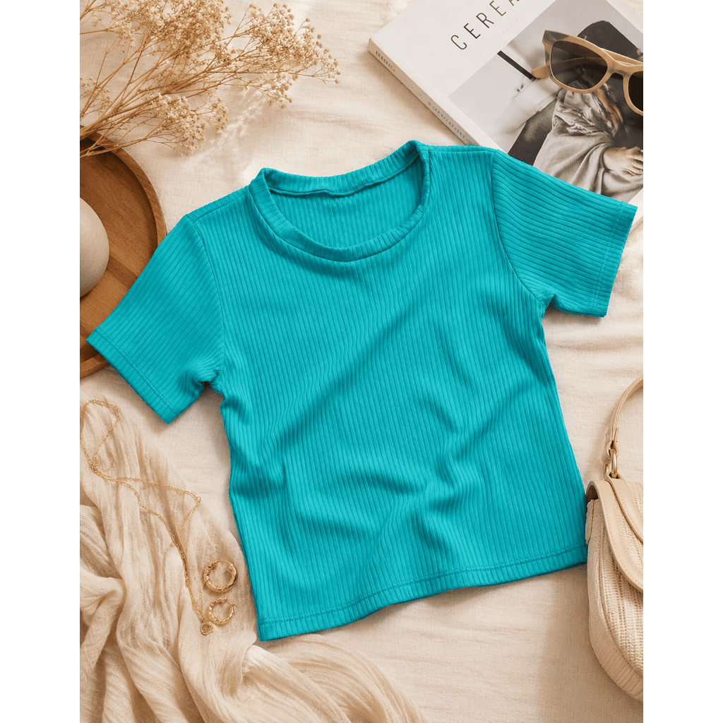 Blusinha Cropped Canelada Ribana Feminina Premium Manga Curta Azul Turquesa Uso Casual Elegante