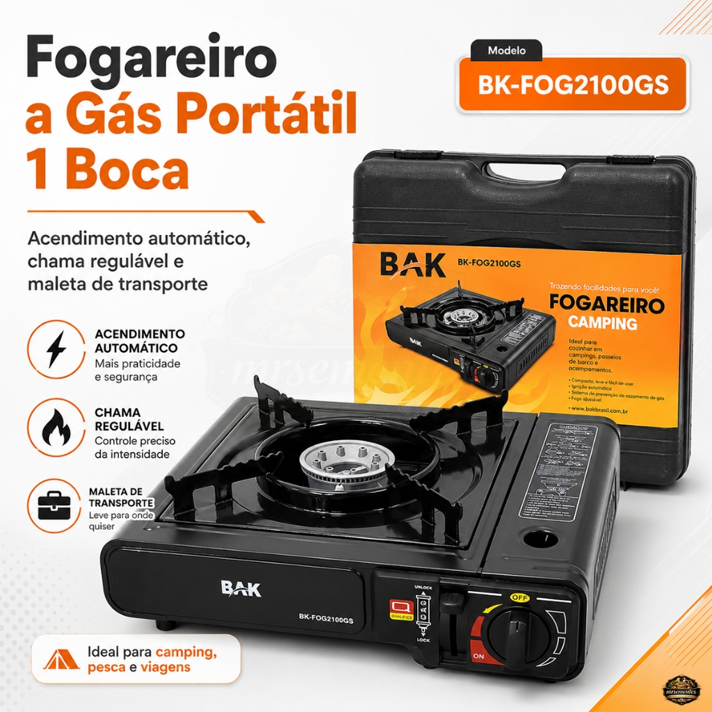 Fogareiro Portátil a Gás Portátil 1 Boca BAK Acendimento Automático Com Maleta Camping Pesca Viagem