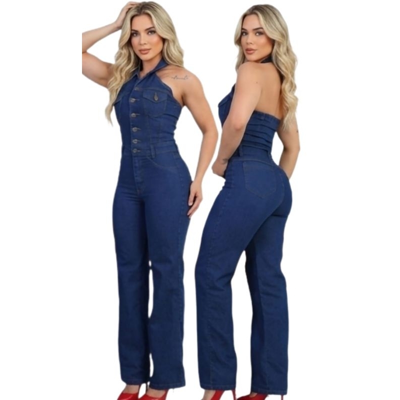 Macacão Jeans Feminino Calça Pantalona jeans feminina Wide Leg Macaquinho Flare 38/40/42