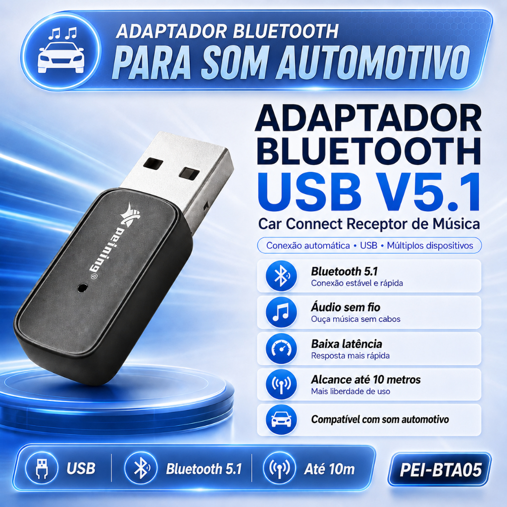 Adaptador Bluetooth Automotivo Carro USB 5.1 Peining PEI-BTA05 Car Connect Receptor de Música