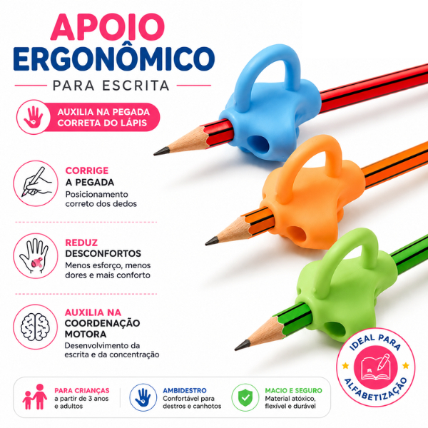 Adaptador Ergonômico para Lápis e Caneta Infantil em Silicone - Auxilia Escrita Coordenação Motora