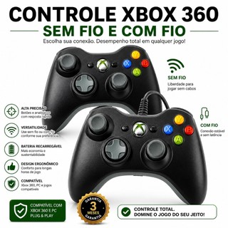 Controle Xbox 360 Sem Fio e Com Fio Preto Wireless Joystick Para Computador Ps3 e Android