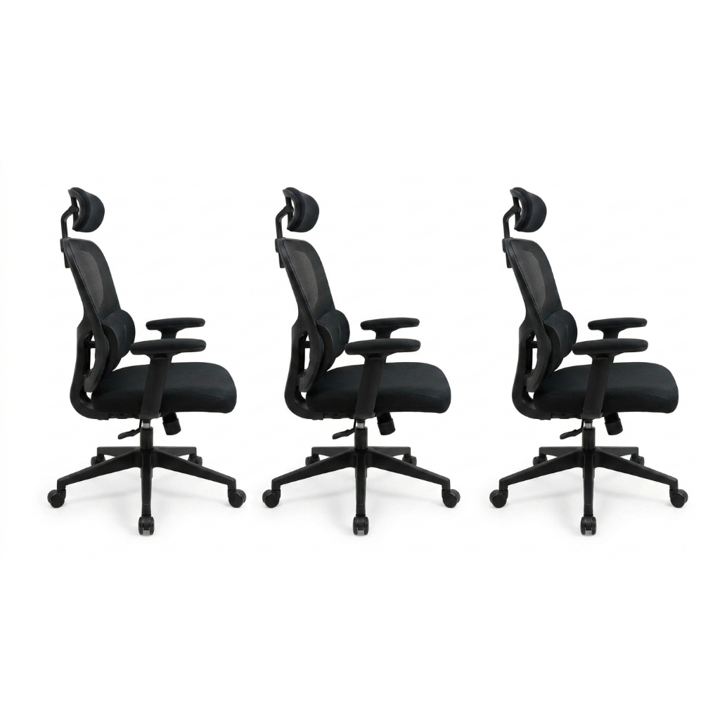 Kit 3 Cadeiras De Escritorio Presidente Ergonomica Mesh 2007 Cadeira Diretor Com Apoio De Cabeca Suporte Lombar Preta