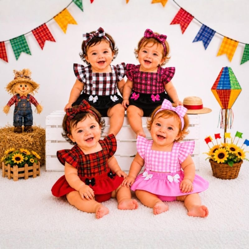 Romper Jardineira São João Festa Junina Bebe Menina Xadrez Vestido Festa Julina Arraia Caipira Luxo 0 a 12 meses