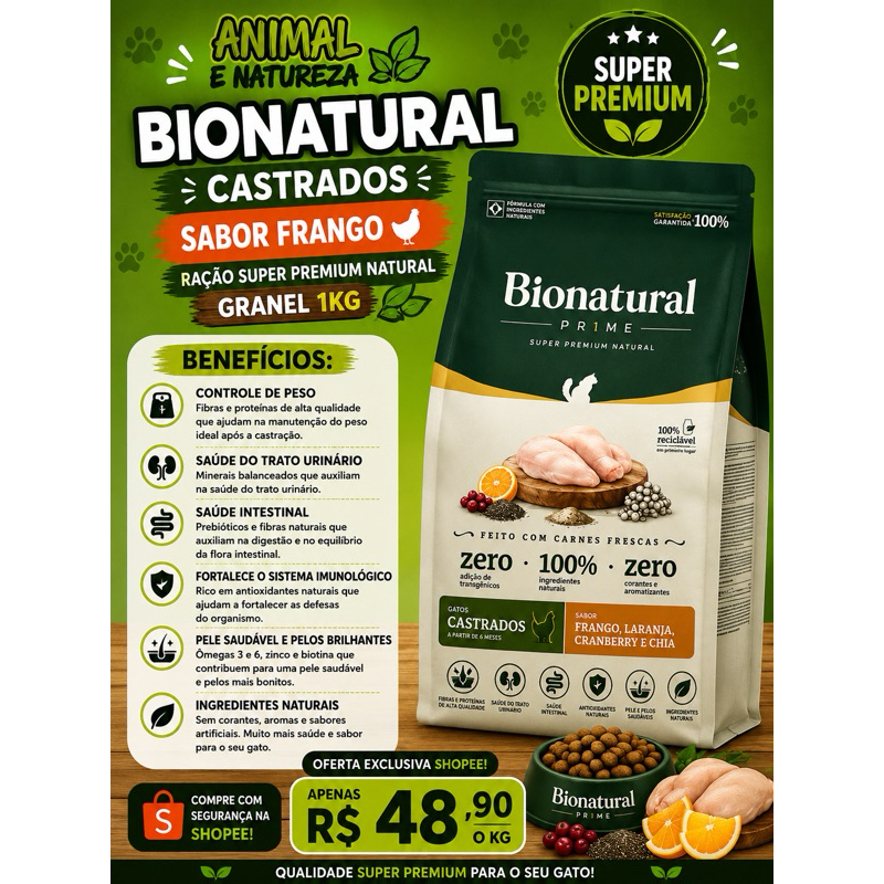 Bio Natural Bio Natural Gatos Castrados Frango – Ração Super Premium Natural