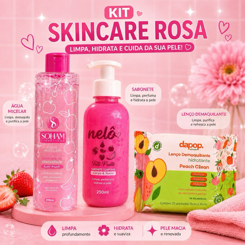 Kit Skincare Rosa Completo | Água Micelar + Sabonete Facial Frutti + Lenço Demaquilante Hidratante