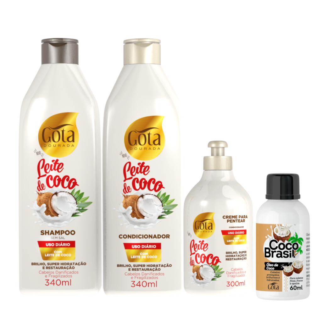 Kit Gota Dourada Shampoo e Condicionador Leite De Coco 340ml Óleo Capilar Coco 60ml Creme de Pentear 300ml