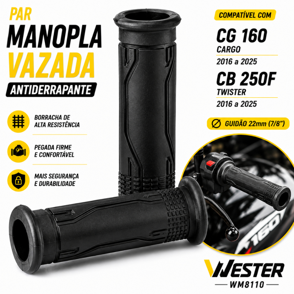 Par Manopla Moto CG 160 Cargo CB 250F Twister Antiderrapante WM8110 vazada 2016 a 2025