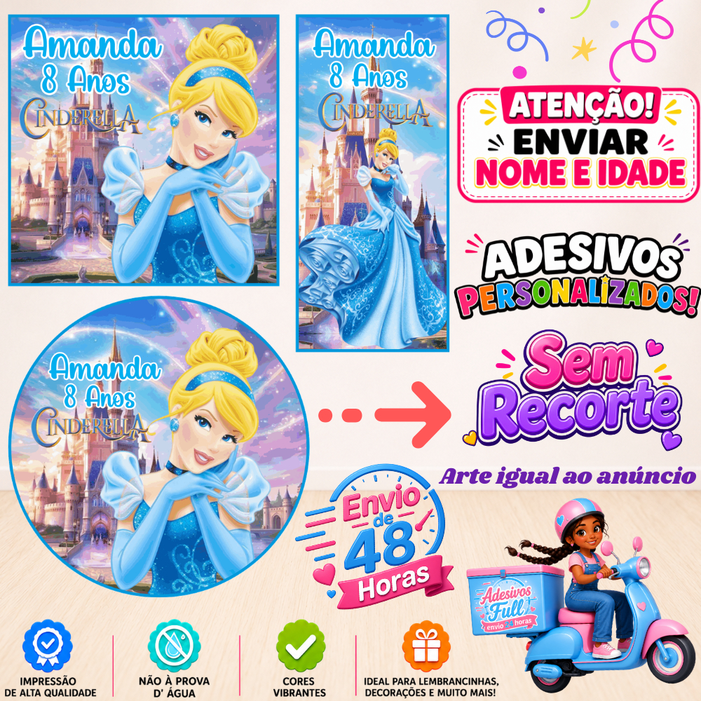 Cinderela - 100/60/40 Adesivos Personalizados Lembrancinhas Festa Aniversário