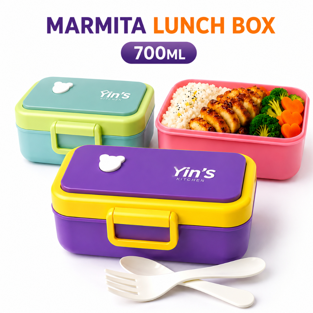 Marmita Lunch Box 700ml com Talheres | Lancheira Escolar | Marmita para Academia | Compacta e Portátil