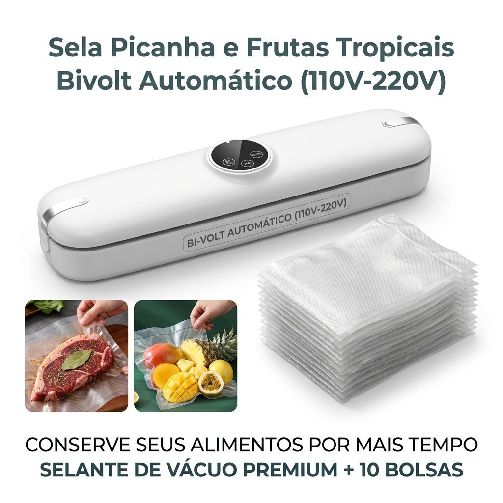 Máquina Seladora Embalagem A Vácuo Portátil Alimentos Bivolt Elétrica Embala Conservação com 10 Saco
