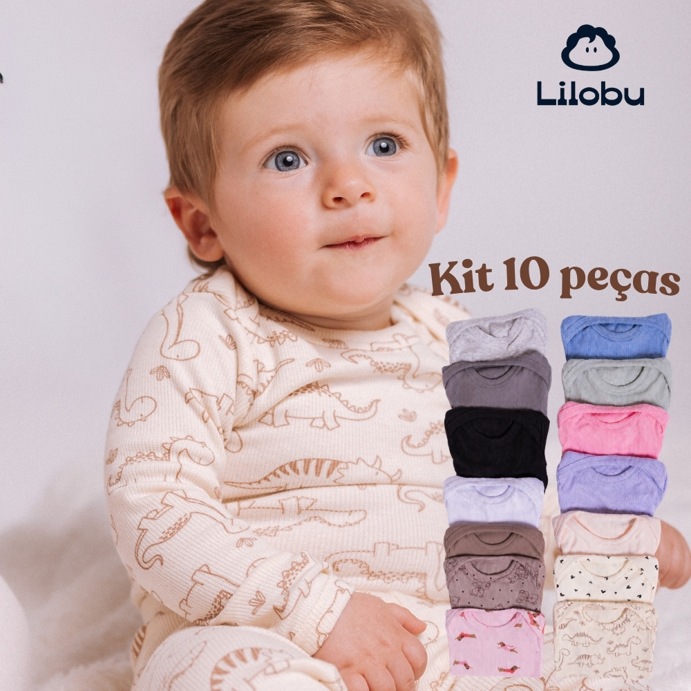 Kit/Conjunto Lilobu 10 Peças Bebê RN ao GG Body Manga Longa Calça Mijão Canelado Ribana 24003-K5