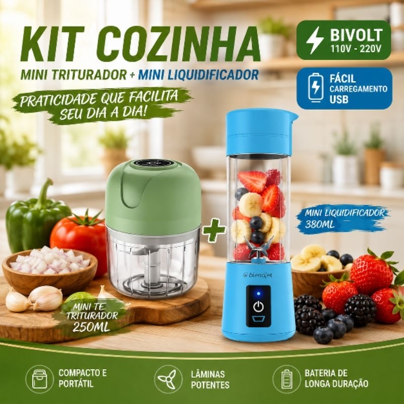 Kit mini processador 3 lâminas 250ml + mini liquidificador portátil 6 lâminas 380ml , kit cozinha