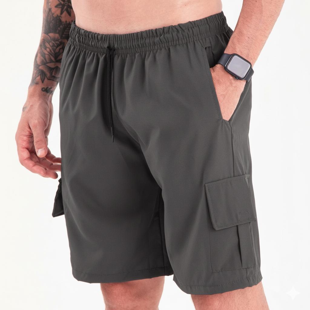 Shorts Bermuda Cargo Masculina Com Bolsos Streetwear Tactel e Elastano Casual