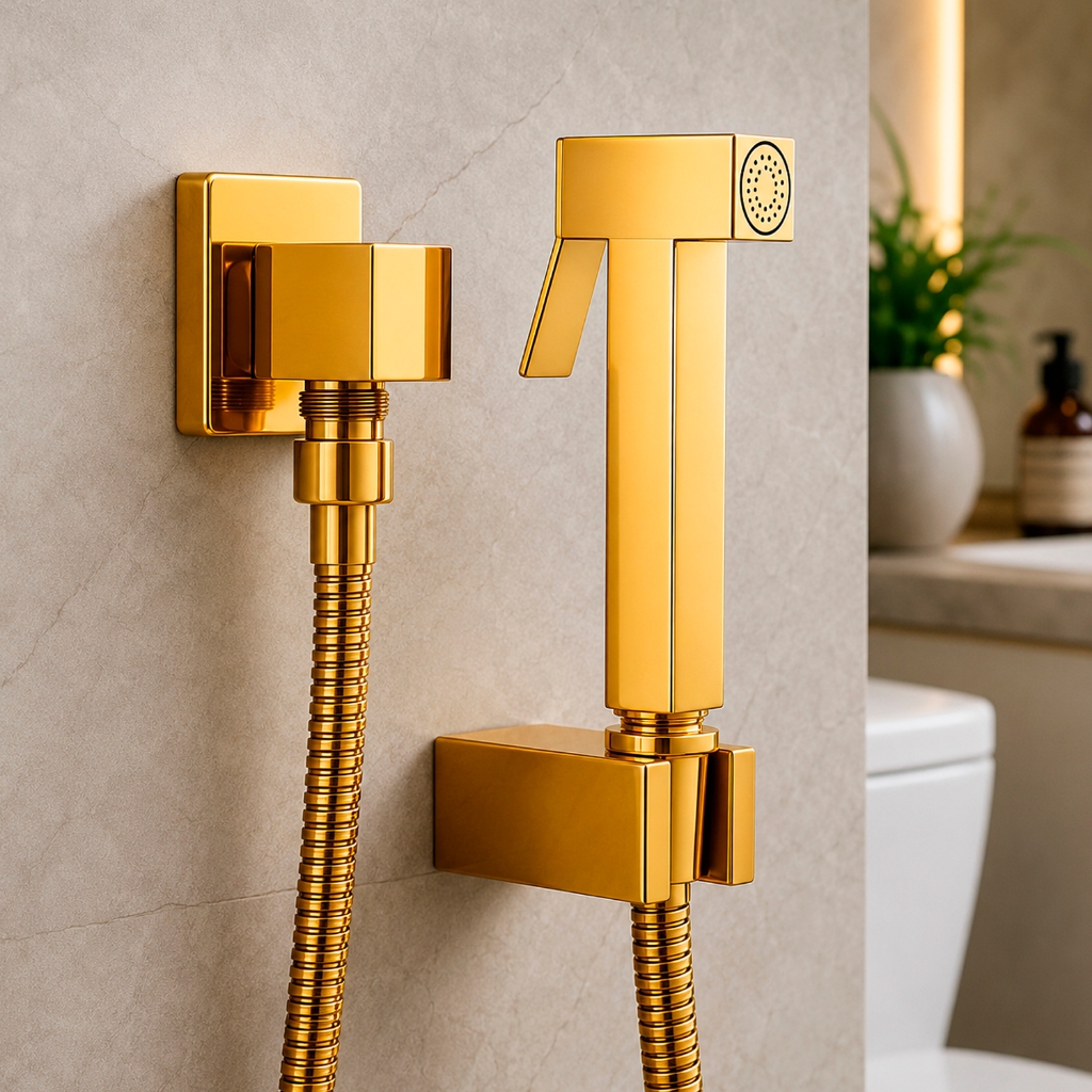 Ducha Higiênica Completa Quadrada Metal Dourada Banheiro