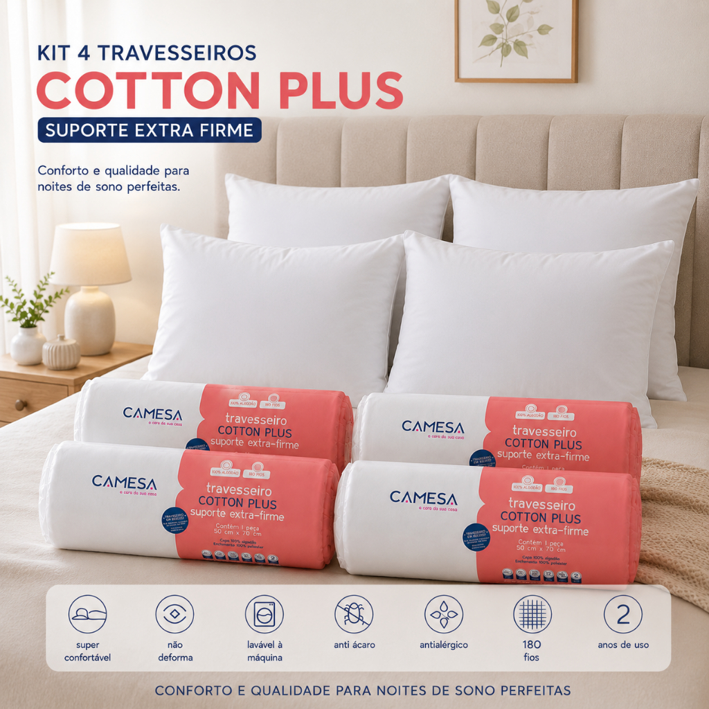 Kit 4 Travesseiro Cotton Plus 180 Fios 50x70 Extrafirme A Vácuo Camesa