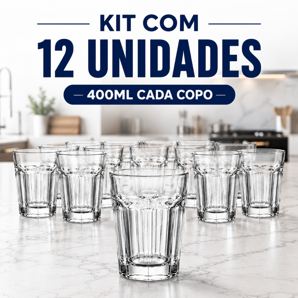 Kit 12 Copo De Vidro Resistente 400ml Para Suco Água Refrigerante