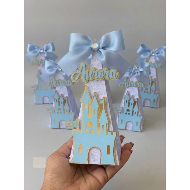 kit Lembrancinha Personalizada Castelo Princesa 10 unidades / Cinderela - Caixa Milk e Pirâmide Luxo 3D