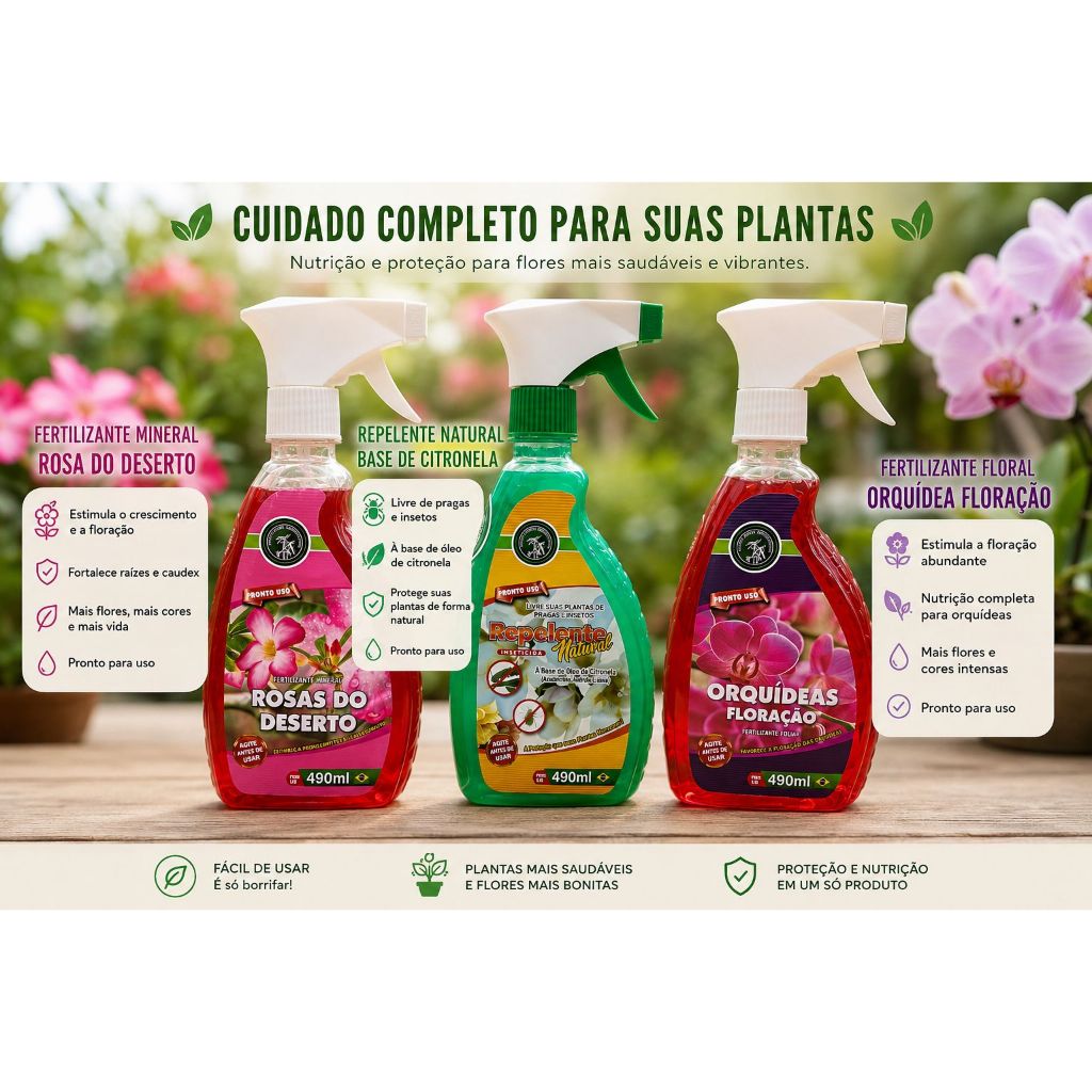 FERTILIZANTE KIT ORQUÍDEA FLORAÇÃO , ROSA DO DESERTO E INSETICIDA NATURAL