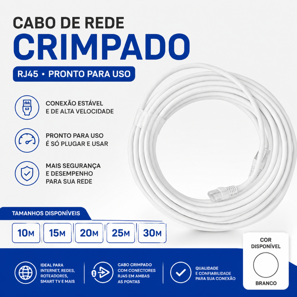 Cabo de Rede Crimpado Branco RJ45 10/15/20/25/30 Metros para Internet
