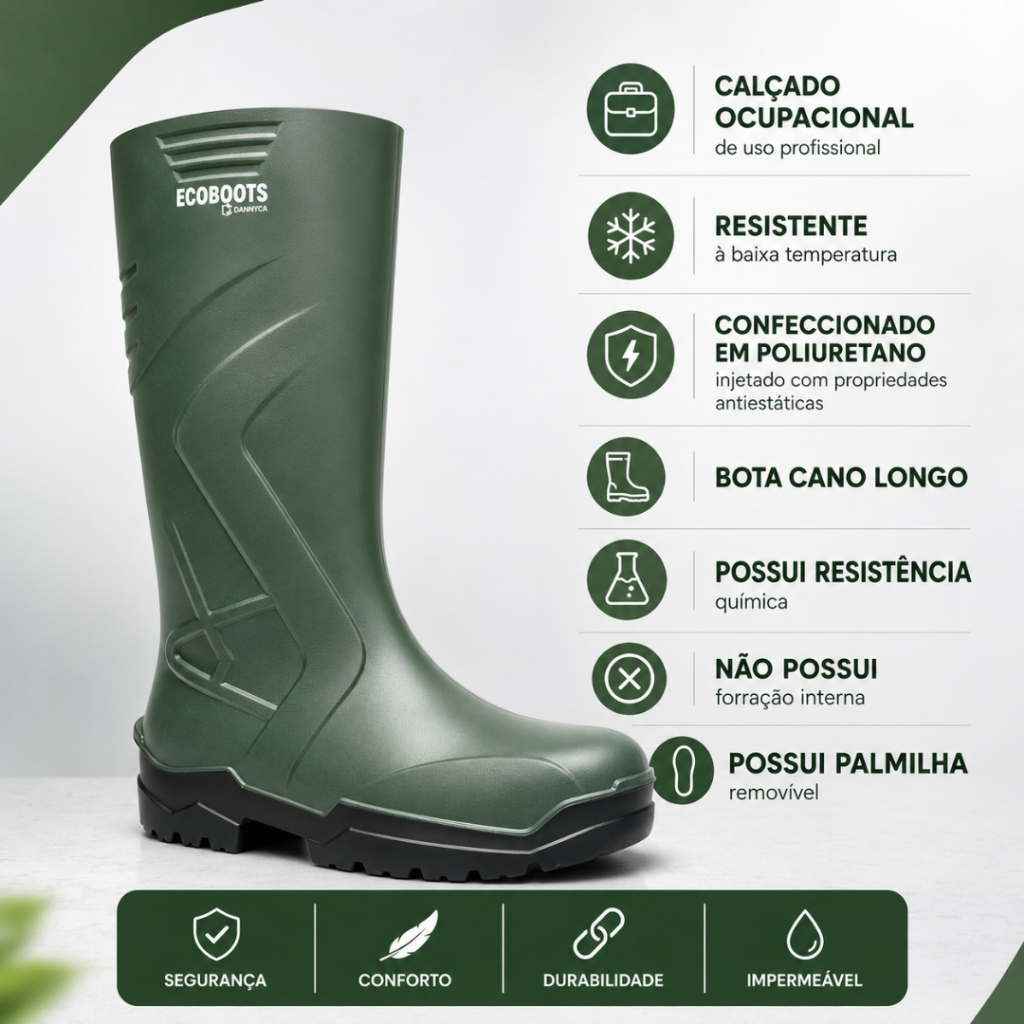 Bota Impermeável Cano Longo Ecoboots Bracol PU Verde Solado Preto Sem Bico CA35047