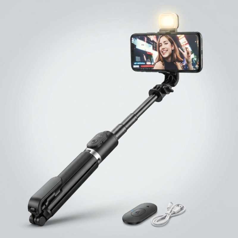 Tripé para selfie 360° com luz LED e controle Bluetooth – Bastão de selfie e tripé ajustáveis