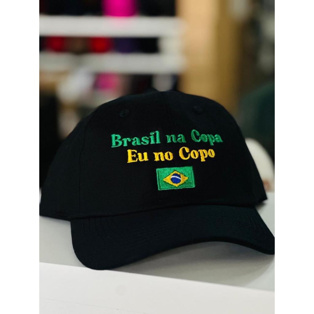 Boné Brasil na Copa Eu no Copo Bordado Dad Hat Premium 100% Algodão Ajustável Copa do Mundo 2026