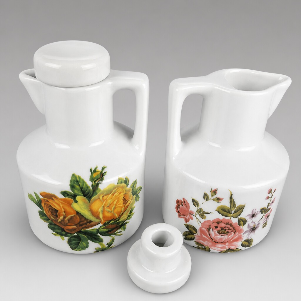 CONJUNTO Galheteiro 2 peças Azeite e Vinagre - Porcelana Decorada FLORES