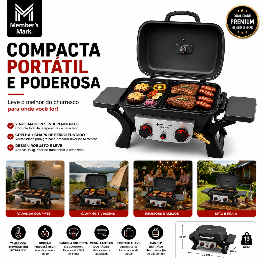 Churrasqueira Grill Parrilha à Gás Portátil  2 Bocas c/ Tampa Termômetro Integrado | Camping Varanda