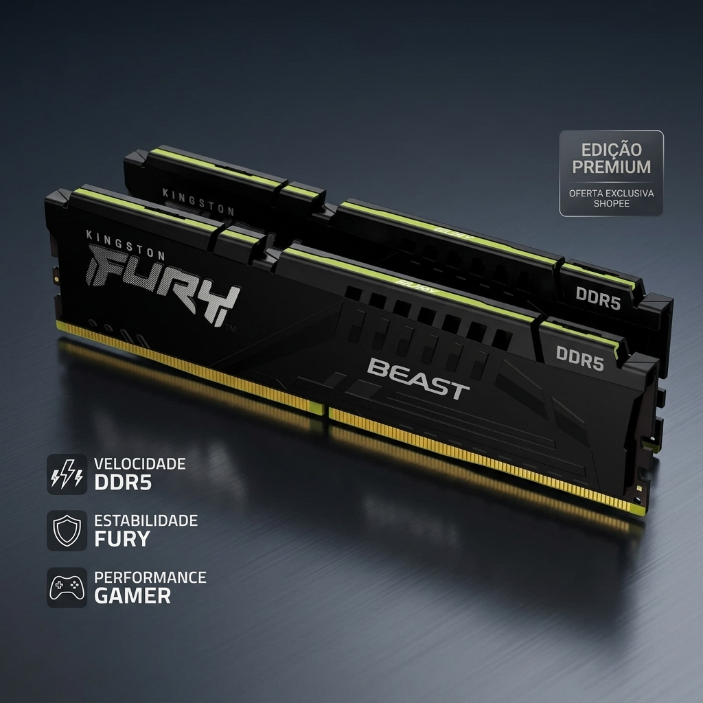 Memória RAM 16GB DDR5 6000MHz Kingston Fury Beast Gamer Original
