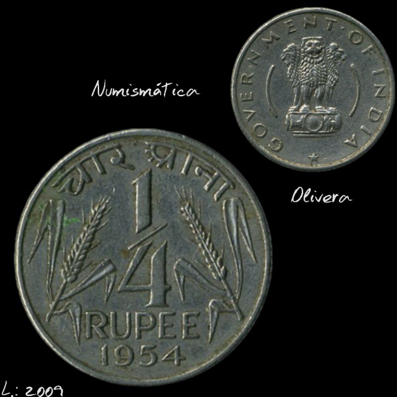 L.: 2009 - Moeda estrangeira Índia 1/4 Rúpia 1954.