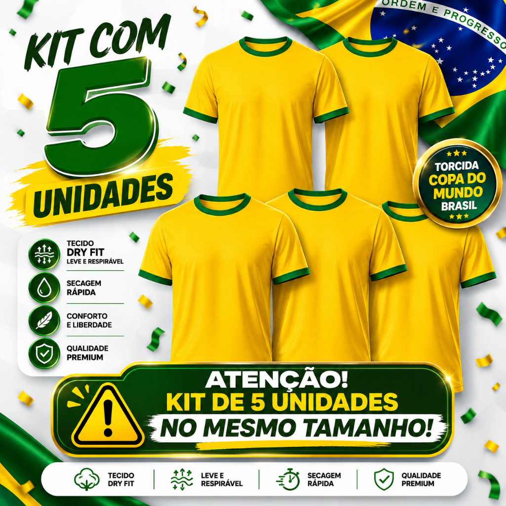 Kit 5 Camisetas Amarela Dry Fit Detalhes Verde Copa do Mundo Brasil Lisa Sem Estampa