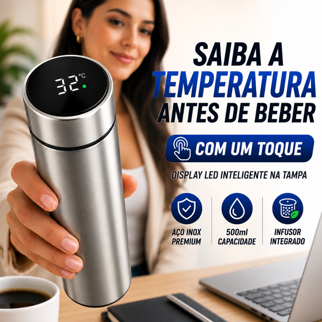 Garrafa Térmica Inteligente LED 500ml Inox com Termômetro Digital Touch e Infusor Cor Prata