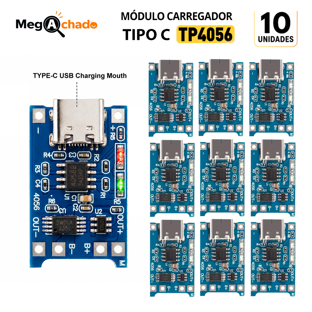 Módulo Carregador TP4056 USB-C Para Bateria de Lítio 18650 com Proteção 5V 1A