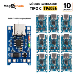 Módulo Carregador TP4056 USB-C Para Bateria de Lítio 18650 com Proteção 5V 1A