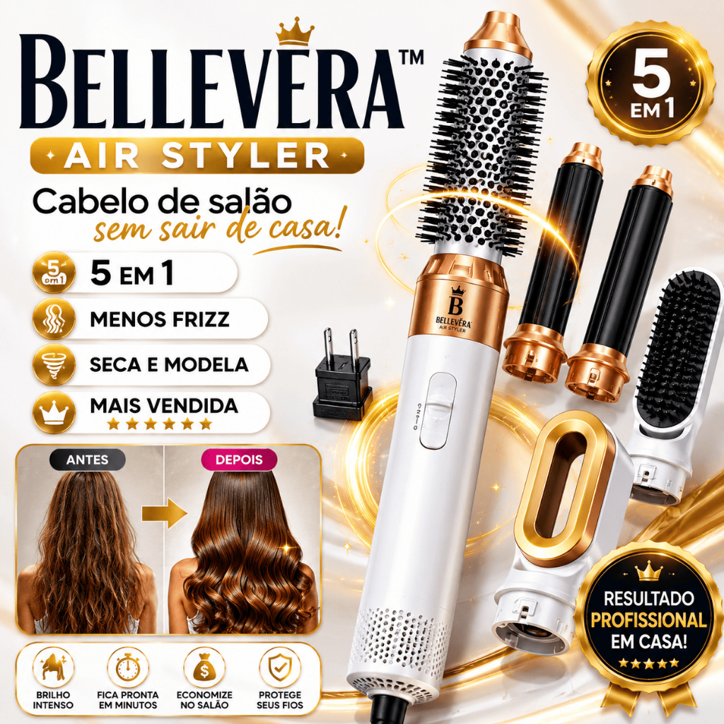 Escova Secadora BelleVéra Air Styler 5 em 1 Profissional Seca Alisa Modela Faz Cacho Anti Frizz 110V