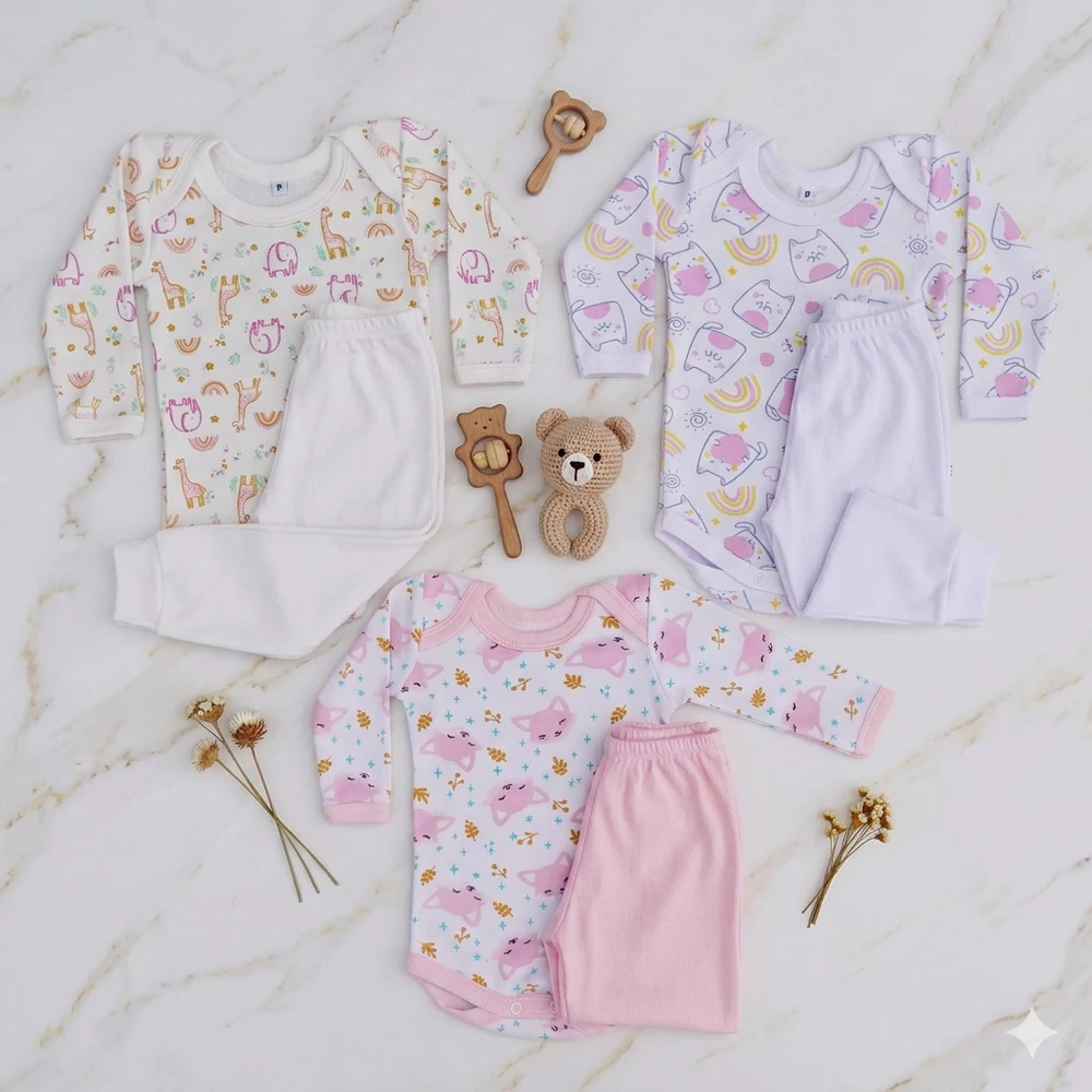 Kit 6 Peças Conjunto De Bebe Roupa Infantil Body Manga Longa Menina Menino