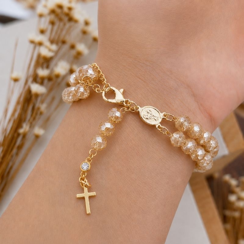 Pulseira Terço de pulso Luxo Cristal Dourada Nossa Senhora Aparecida