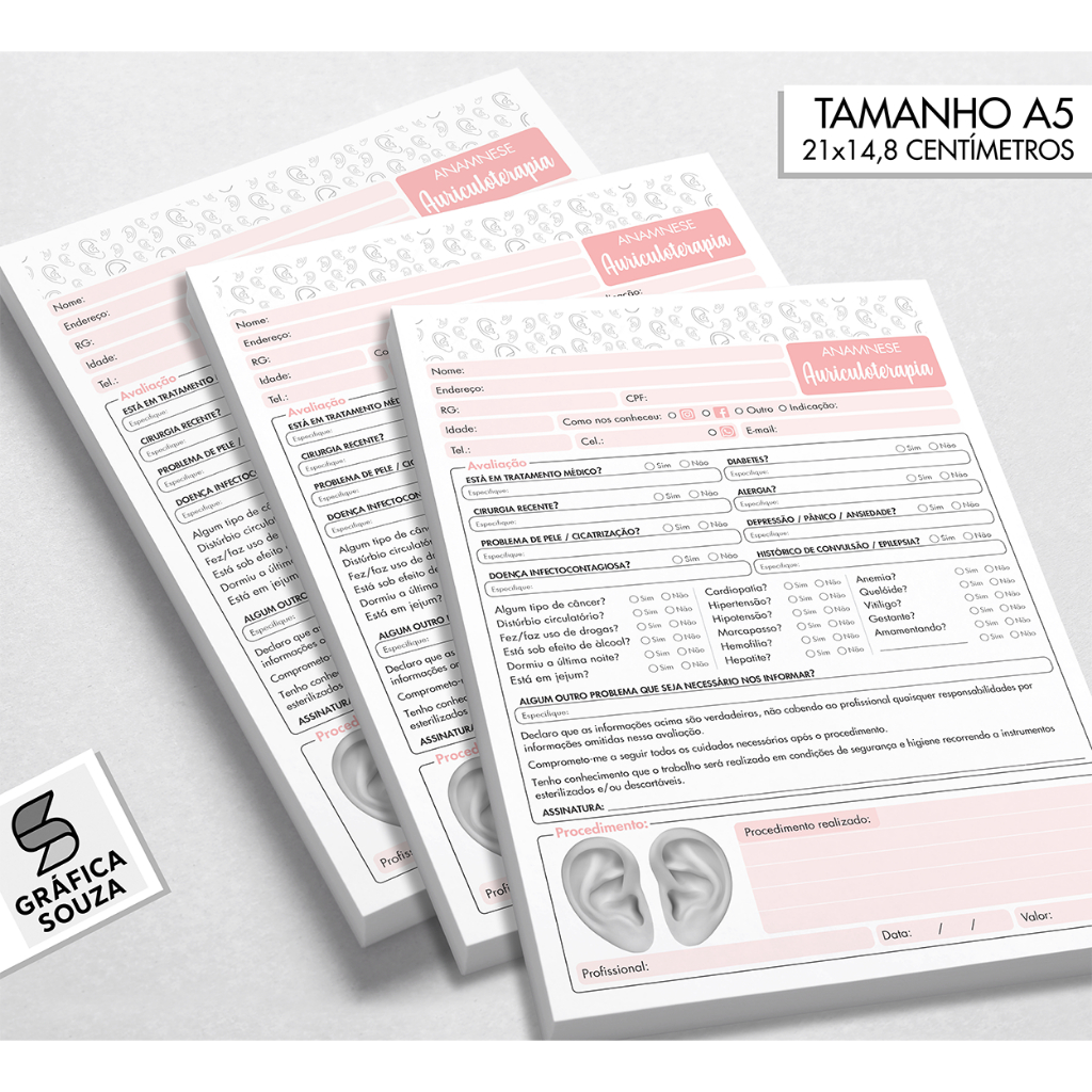 Ficha de Anamnese para Auriculoterapia - Kit 3 Blocos 100 Folhas