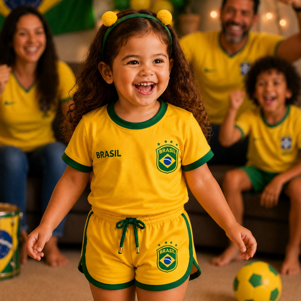Conjunto Infantil Menina Brasil Camiseta e Short Futebol Roupa Copa Torcida Feminina Seleção