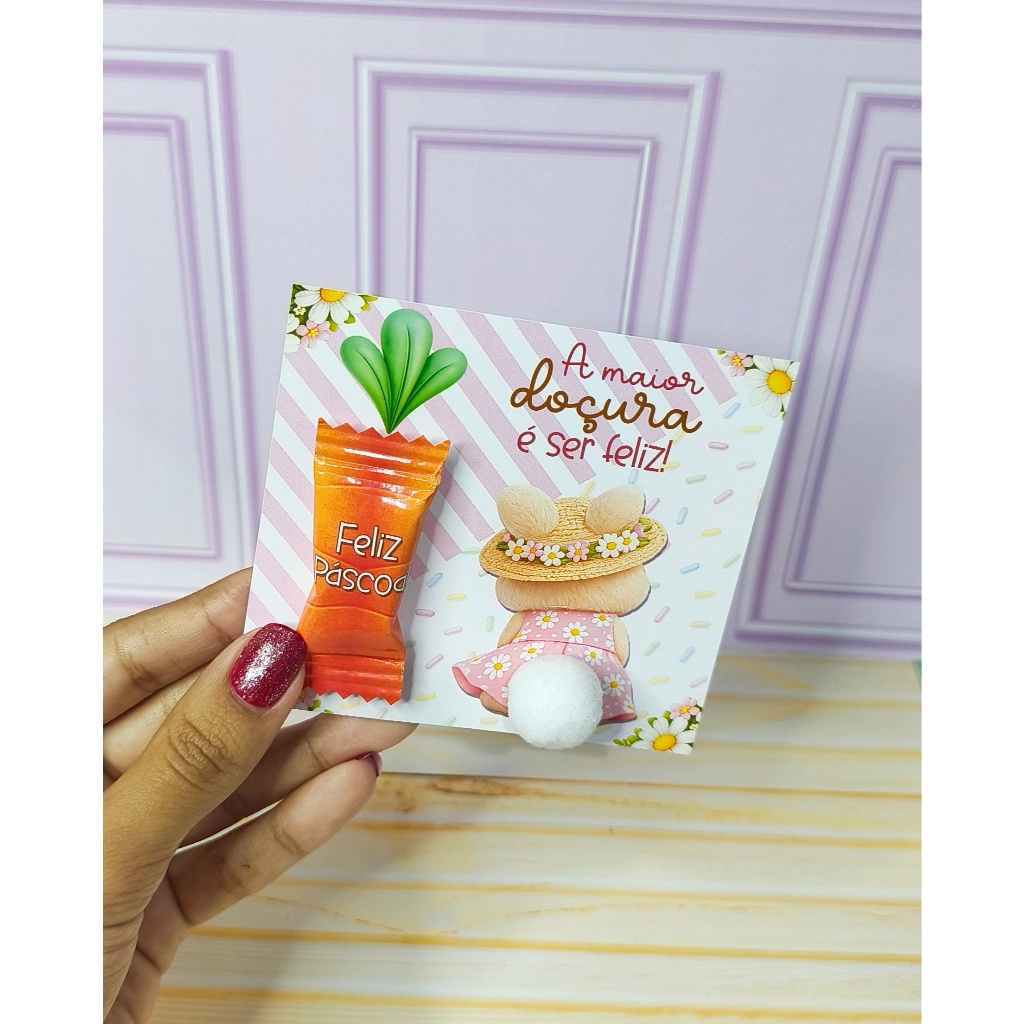 Kit com 10 Cards de Páscoa com Bala Personalizada Cenoura | Lembrancinha Fofa Coelhinha | Mimo de Páscoa Infantil