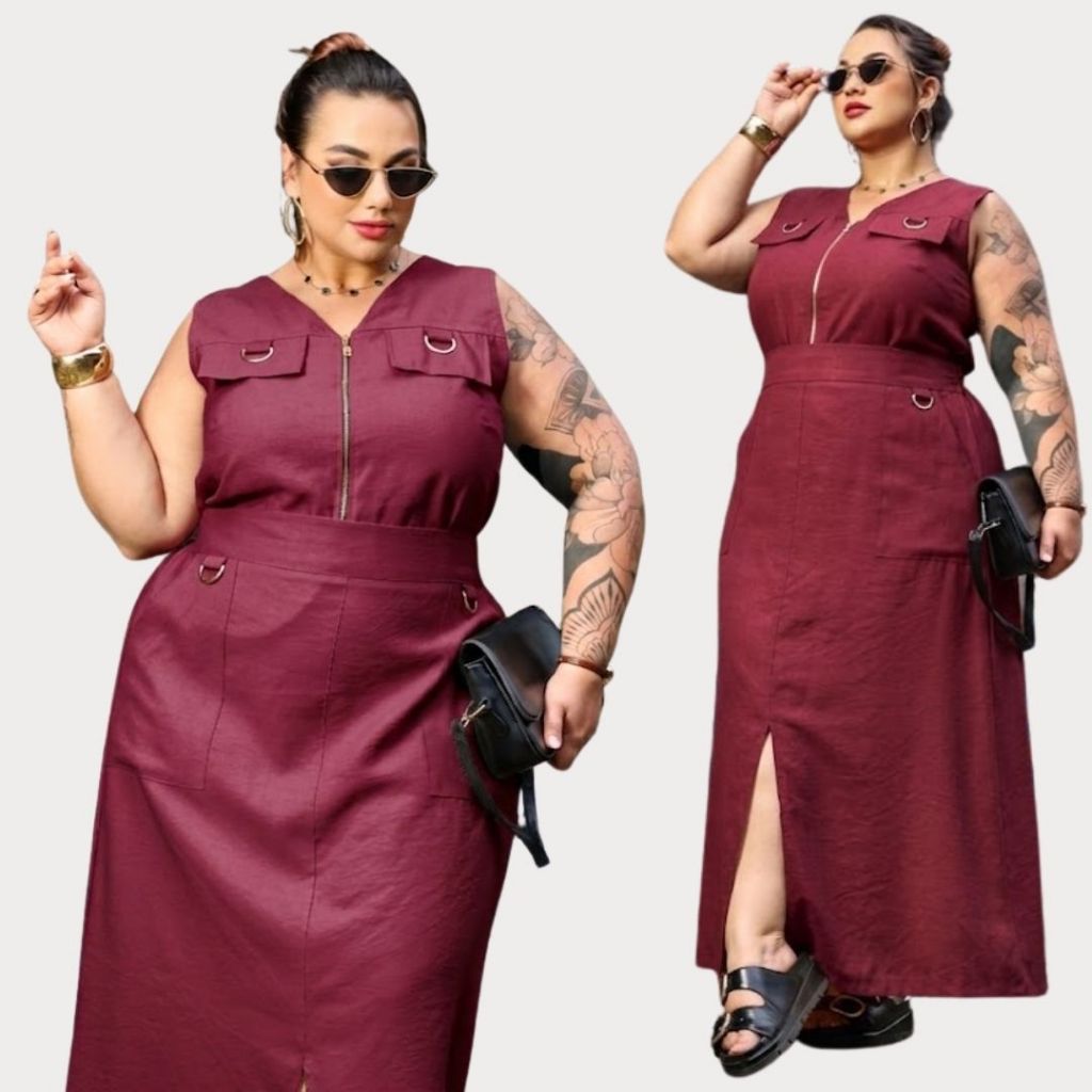 Conjunto Feminino Plus Size | Colete Blusa com Zíper Dourado + Saia com Bolsos Moda G1 G2 Evangélica Feminina Inverno — imagem 2 de 2