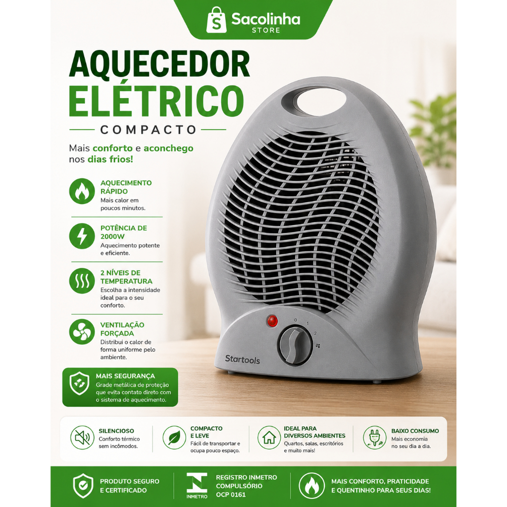 Aquecedor Elétrico Portátil 2000W Compacto 2 Níveis de Temperatura Aquecimento Rápido Ventilação Forçada 127V ou 220V