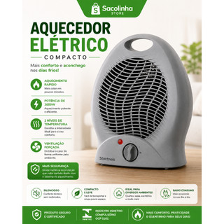 Aquecedor Elétrico Portátil 2000W Compacto 2 Níveis de Temperatura Aquecimento Rápido Ventilação Forçada 127V ou 220V