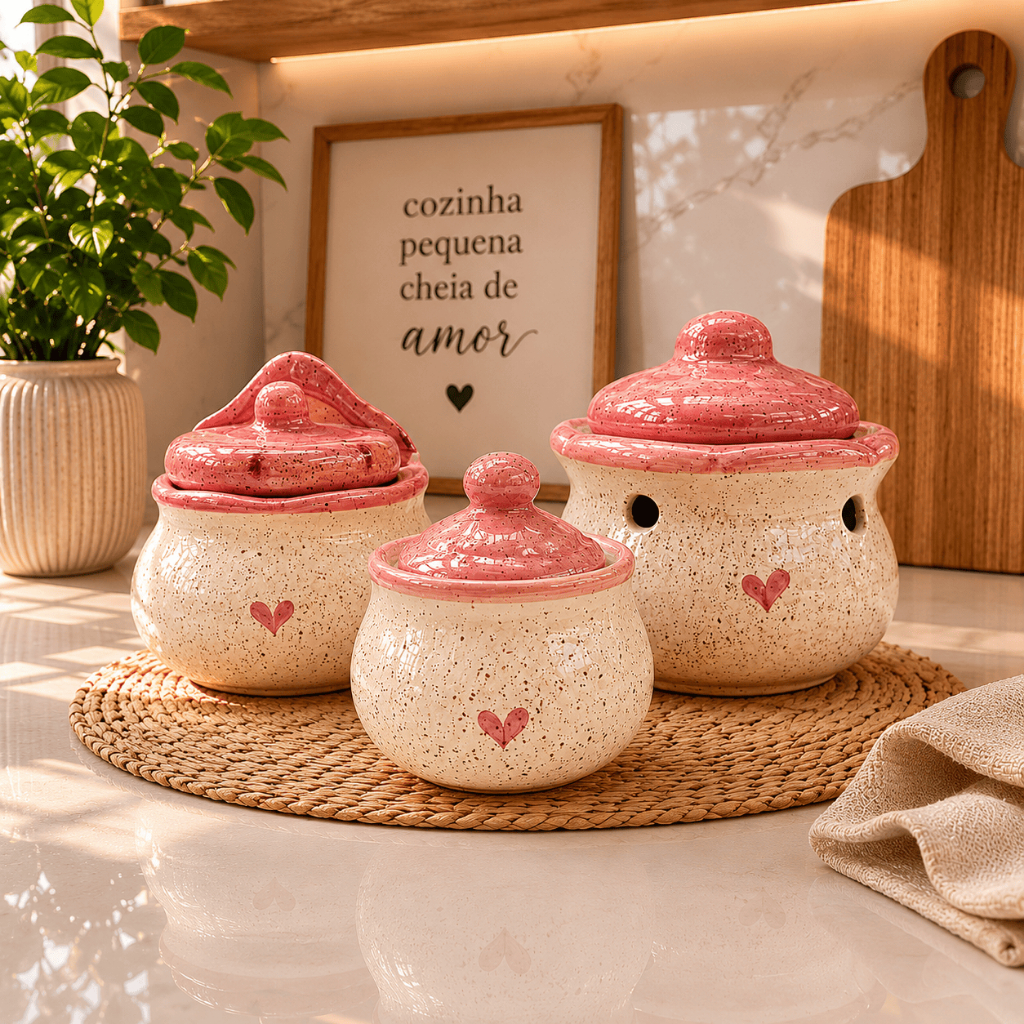 Kit Cozinha Saleiro + Açucareiro + Pote de Alho em Cerâmica / Porta Condimentos Decoração Presente Utensílios