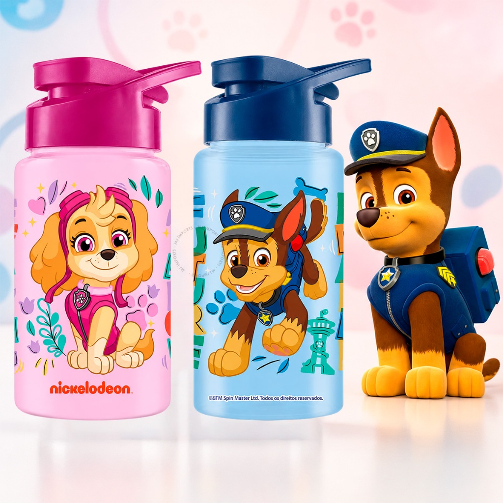 Squeeze Garrafinha Infantil Patrulha Canina Água Tampa Alça Chase Skye Lancheira Garrafa 500ml