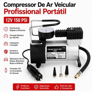 Compressor De Ar Veicular Profissional Portátil 12v 150 PSI Carro Caminhão Van Ônibus