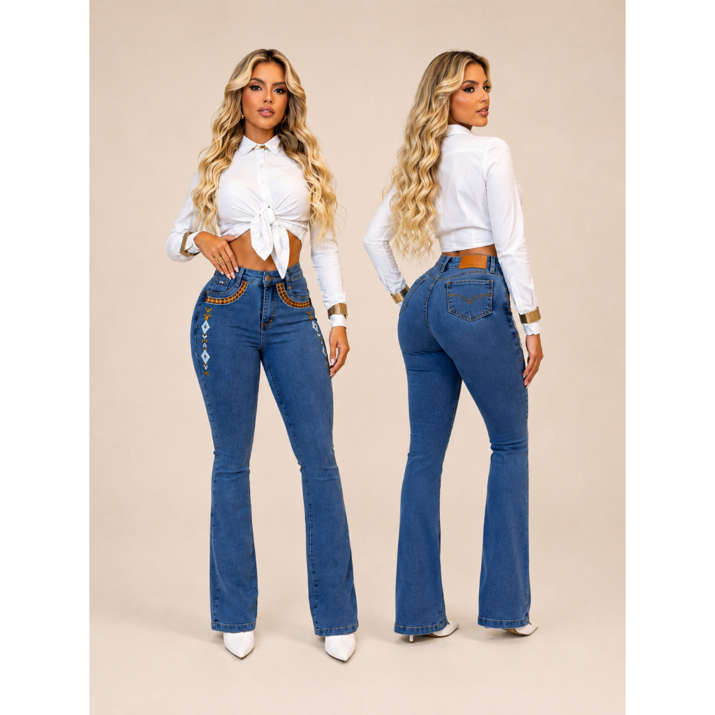 Calça Jeans Feminina Rodeio Elastano Montaria Bordada Lycra Empina Bumbum