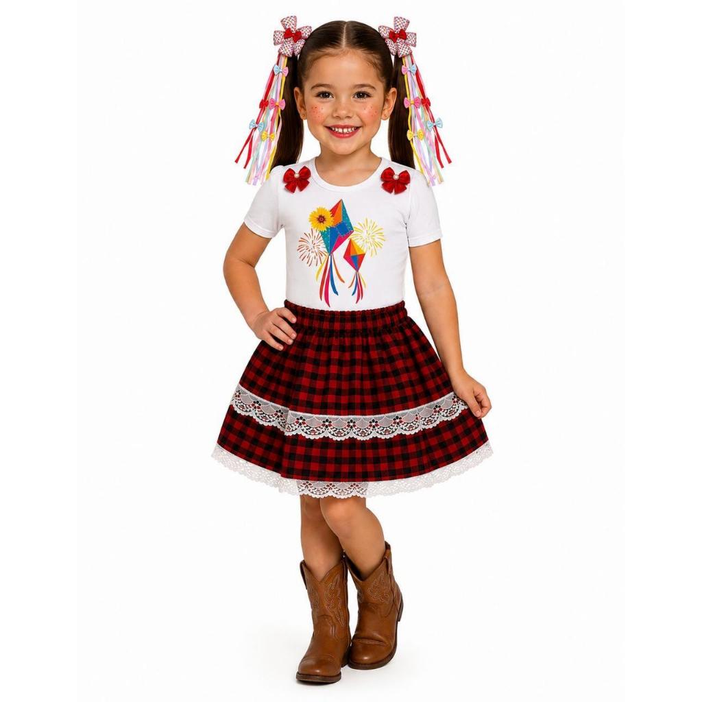 Conjunto Festa Junina Body Estampado Balao com Saia Xadrez e Laços de Cabelo Caipira para Meninas