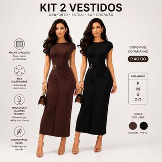 Kit 2 Vestido Midi Manga Transpassado com Fivela Tendência Premium